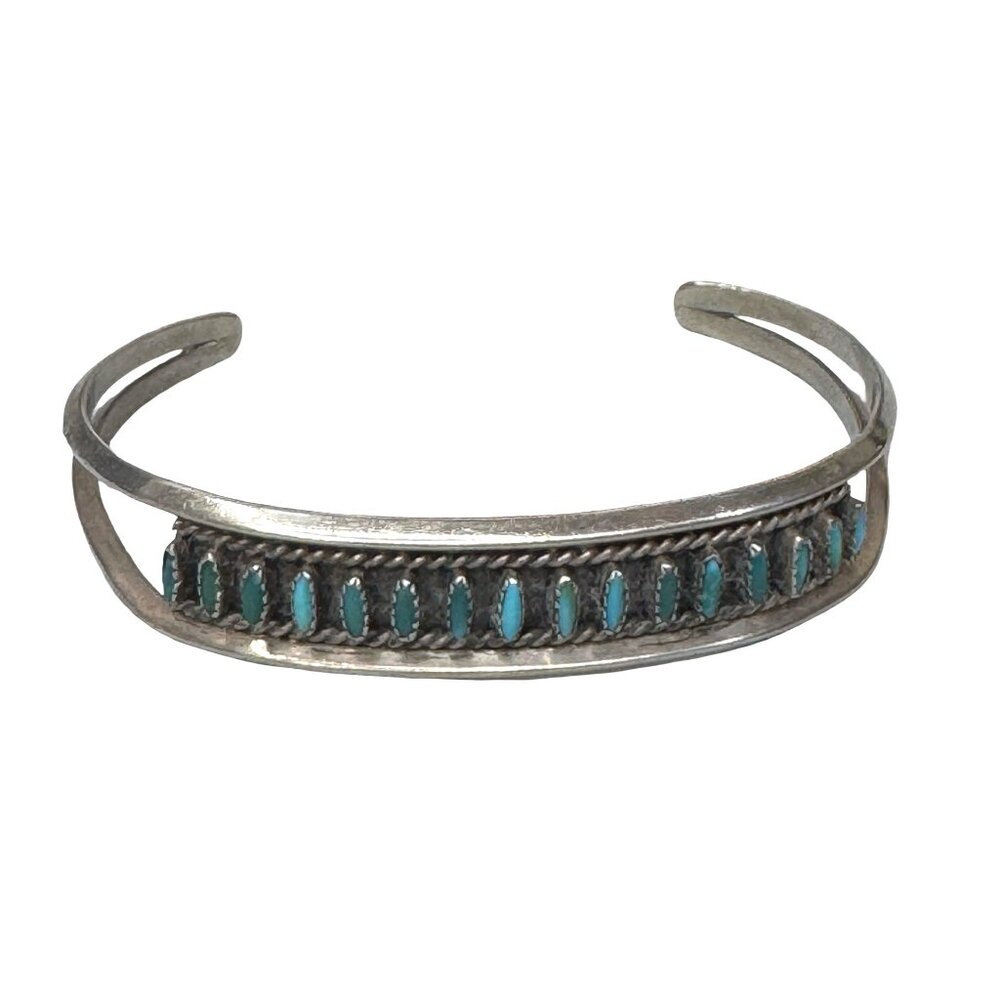 Signed Zuni Vintage Sterling Silver Needlepoint Turquoise Row Cuff Bracelet 925